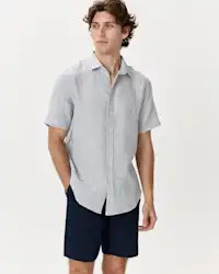 Men's 100% European Linen Short Sleeve Shirt in Blue Pinstripe | Quince