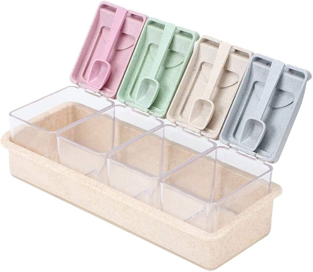 4-Grids Spice Jars, Transparent Seasoning Box Pepper Salt Seasoning Can Pot with Spoon for Home K... | Amazon (US)
