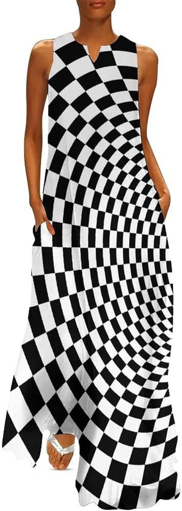 Optical Black and White Women's Long Dress Casual Sleeveless Maxi Dress Swing Dresses with Pocket... | Amazon (US)