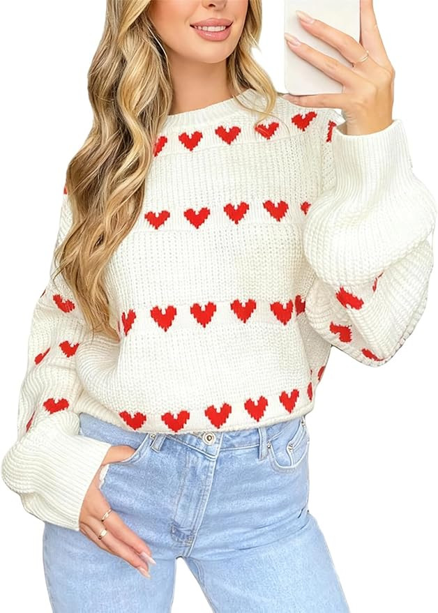 Women Heart Print Sweaters Crewneck Loose Fit Knit Pullover Casual Sweater Tops | Amazon (US)