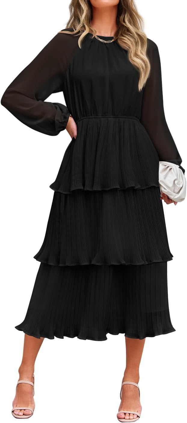 ZESICA Women's 2026 Long Sleeve Crew Neck Ruffle Tiered Layered Chiffon Flowy Swing Long Midi Dre... | Amazon (US)