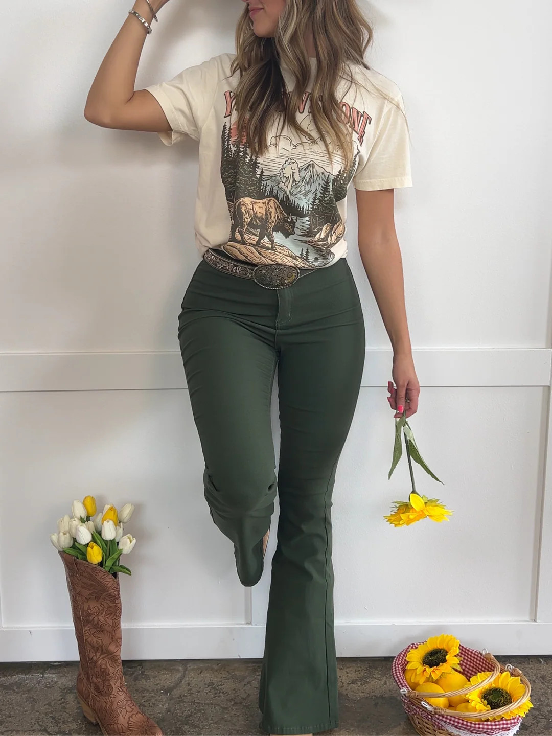 Fiona High Waisted Bell Bottom Flare Jeans - Olive | Willow Boutique