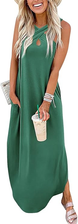 Prinbara Women's Casual Loose Sundress Long Dress Crisscross Sleeveless Split Maxi Dresses Summer... | Amazon (US)
