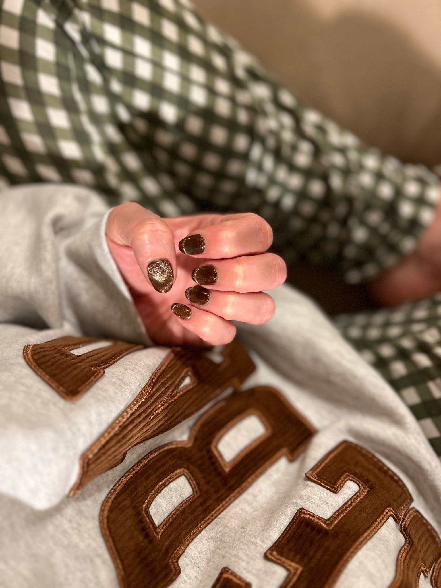 January nail inspo! I choose cat eye for my nails right now and getting so many compliments! Also comfy stay at home mom outfit - bottoms - kyte baby, sweatshirt The Bar - love you Bridget! 

#LTKmomlife #LTKdayinmylife #LTKootd