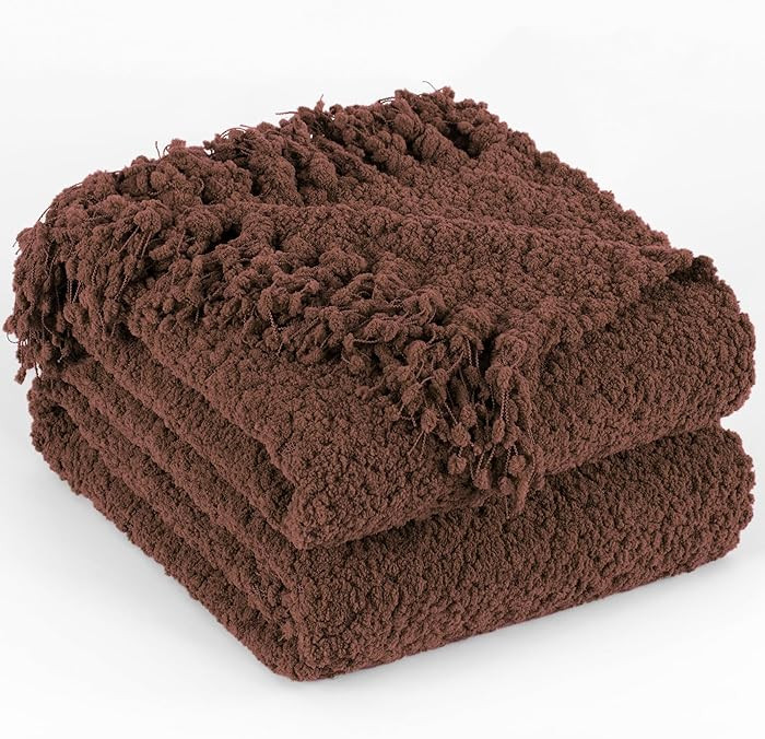 Throw Blanket for Couch, Brown Luxury Knitted Throws 50"x60", Textured Blankets with Handmade Fri... | Amazon (US)
