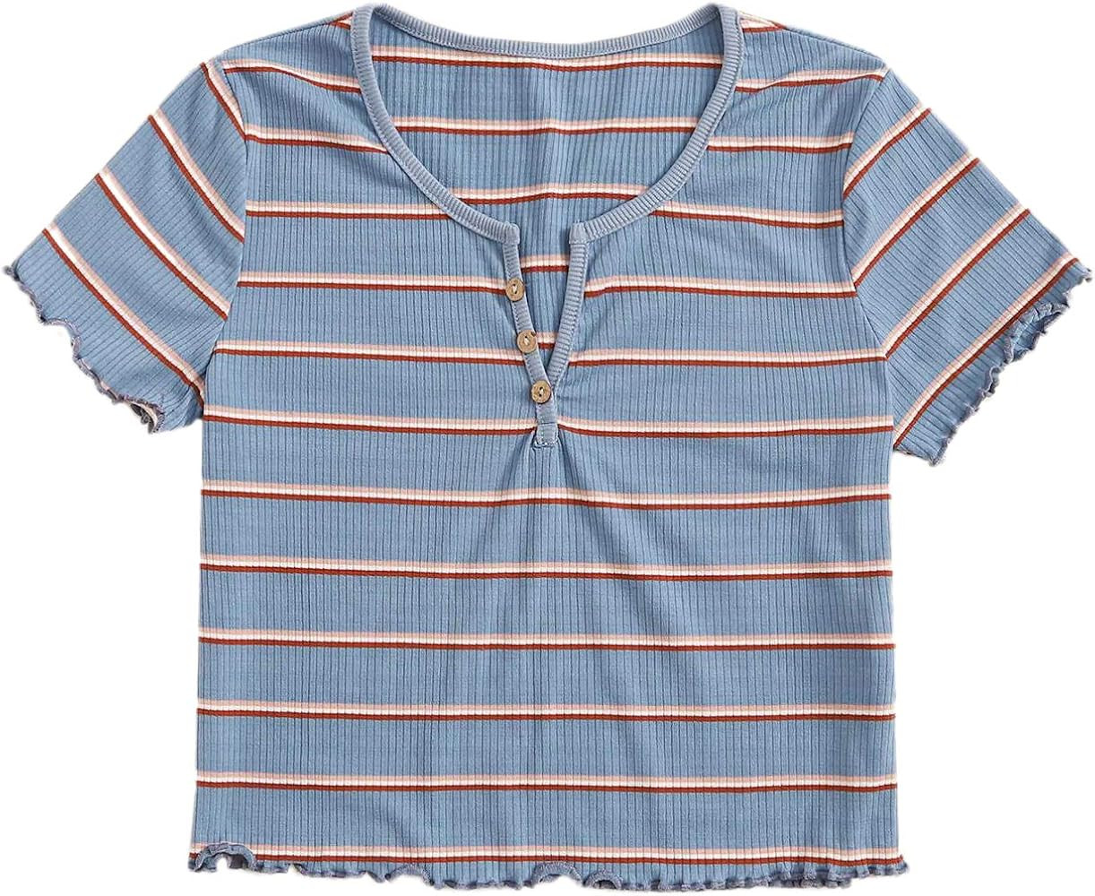 SweatyRocks Women's Basic Short Sleeve V Neck Ribbed Knit Crop Top Tee Shirt | Amazon (US)