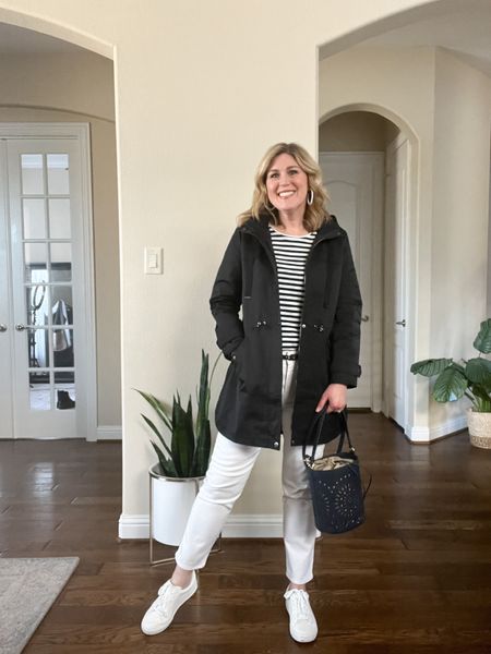 White denim. Run tts. Striped puffed sleeve top. Runs tts. Rain jacket. Long. Runs tts. Adjustable waist. Full zip. 

#LTKstyletip #LTKSeasonal #LTKFind