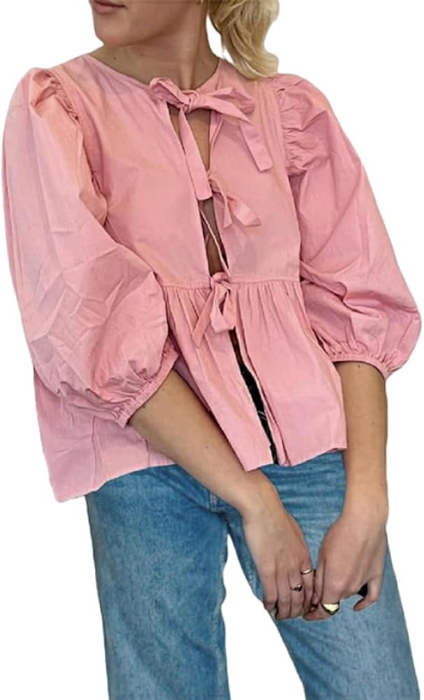 Loalirando Women Y2K Bandage Blouse 3/4 Puff Sleeves Round Neckline Tie Front Ruffle Shirt Tops W... | Amazon (UK)