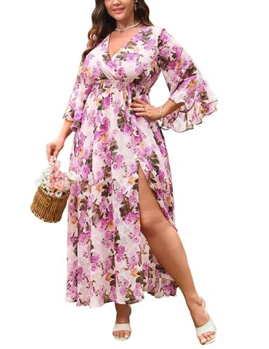 EYWOL Plus Size Wedding Guest Dress: A Line Flattering Dress to Hide Tummy - Plus Size Spring Dresses for Women - Floral Tea Party Dresses for Woman Pink | Amazon (US)