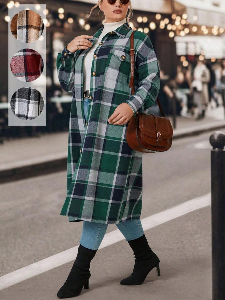 Plus Size Plaid Turn Down Collar Pocket Drop Shoulder Coat | SHEIN
