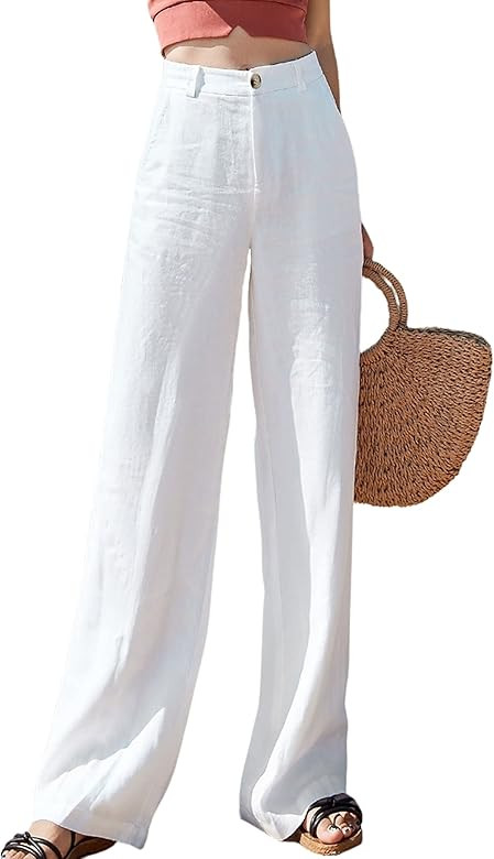 Hooever Womens Casual High Waisted Wide Leg Pants Button Up Straight Leg Trousers | Amazon (US)