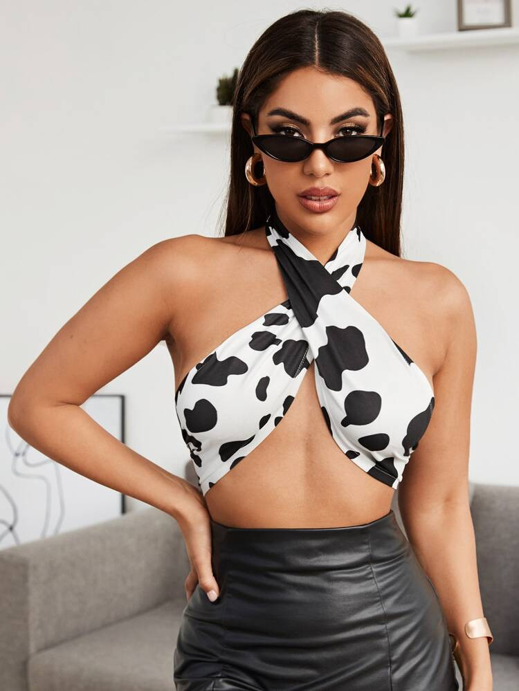 SHEIN Tied Backless Cow Print Crisscross Halter Top | SHEIN