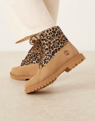 Timberland Premium 6 inch lace up boots with leopard detail in beige | ASOS (Global)