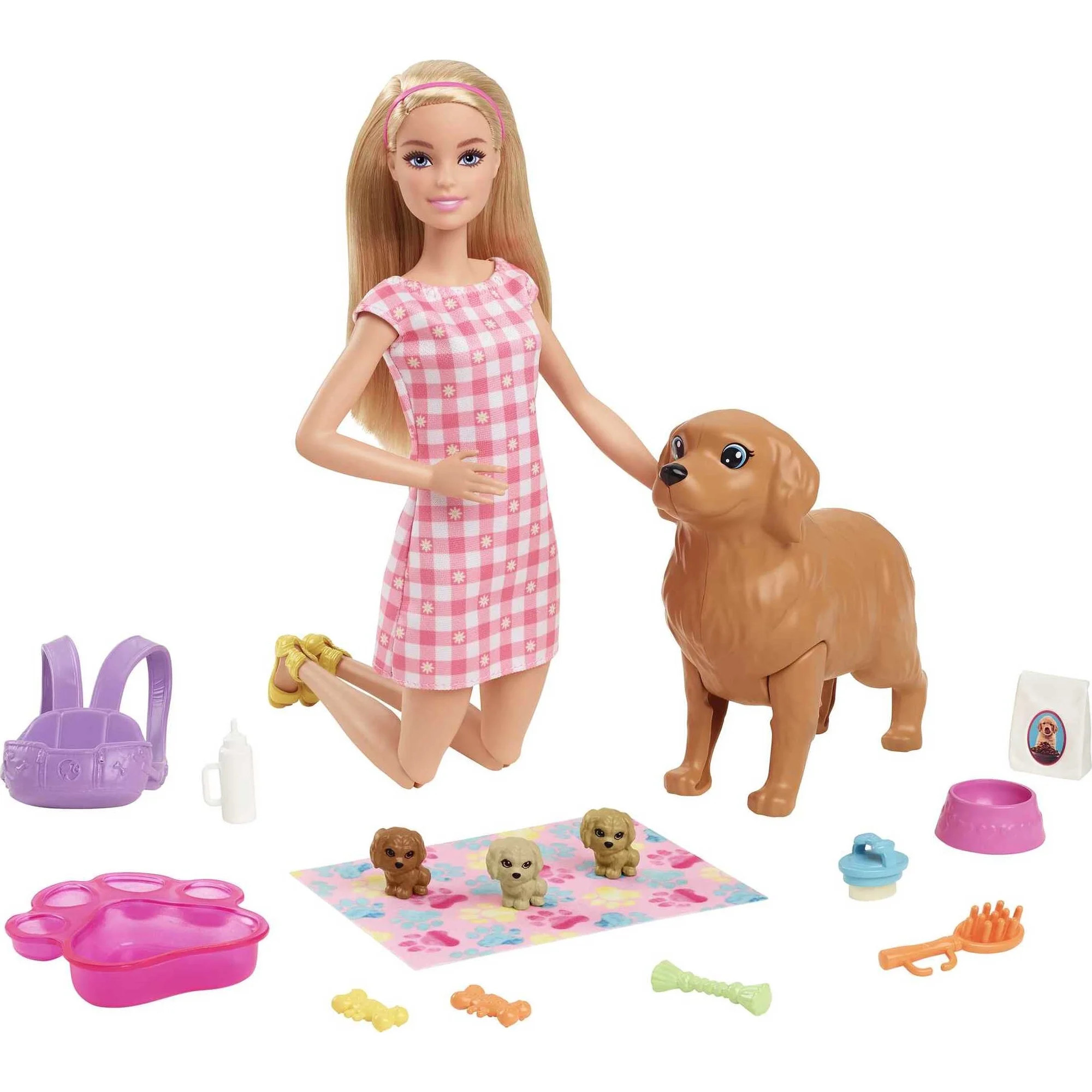 Barbie Doll & Newborn Pups Playset with Mom Dog, 3 Color-Change Puppies & 11 Accessories, Blonde ... | Walmart (US)