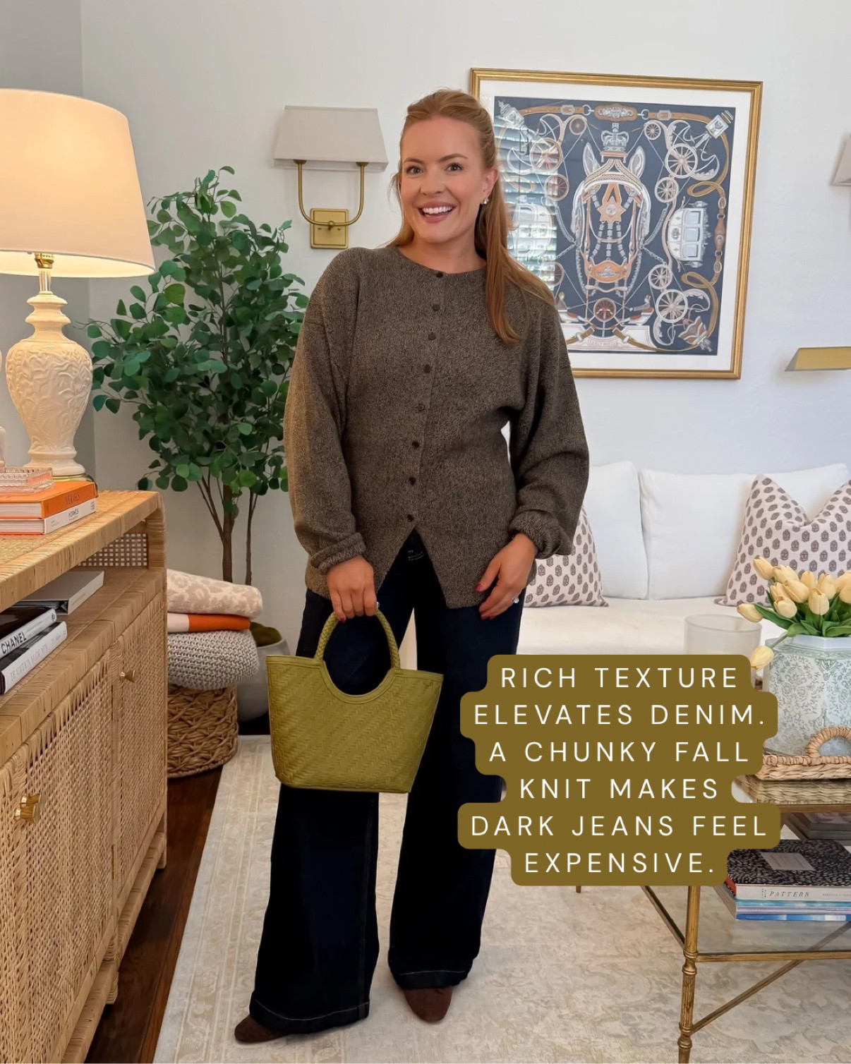 Wearing 28 in jeans and small in the cardigan — both true to size.
Rich texture is the easiest fall upgrade for dark wash jeans. A chunky brown knit in a warm autumn tone makes wide leg denim feel luxe and intentional — no jewelry or styling tricks needed. Elevated casual at its simplest: cozy on top, polished all over.
#chunkyknit #darkwashjeans #fallknitoutfits #elevatedcasual #widelegjeans
