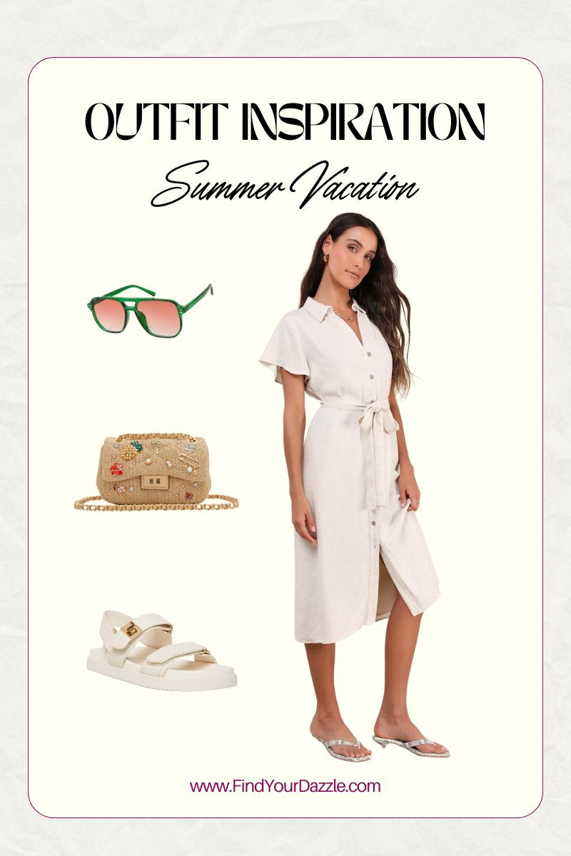 Breezy summer oufit idea. Perfect for European vacation. Button up linen dress, sandals, woven fruit bag and retro sunglasses 

 #LTKSeasonal #LTKPetite #LTKFindsUnder100