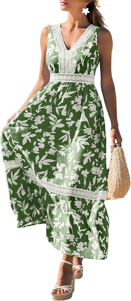 CUPSHE Women's Summer Floral Maxi Dress V Neck Sleeveless Beach High Waist A-Line Flowy Vacation ... | Amazon (US)