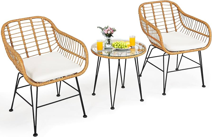 Tangkula 3 Pieces Patio Bistro Set, Rattan Conversation Set with 2 Cushioned Armchairs & Round Gl... | Amazon (US)