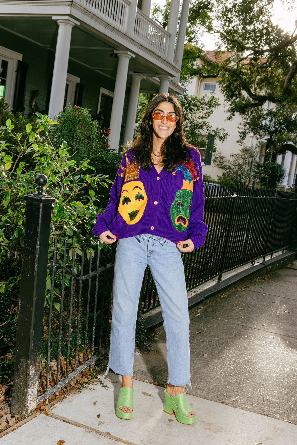 Purple Mardi Gras Mask Cardigan | Queen of Sparkles