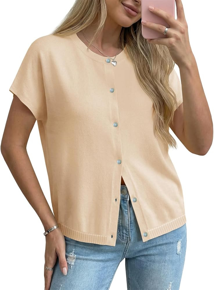 Saodimallsu Womens Oversized Cardigans Summer Short Sleeve Lightweight Knit Button Down Crew Neck... | Amazon (US)
