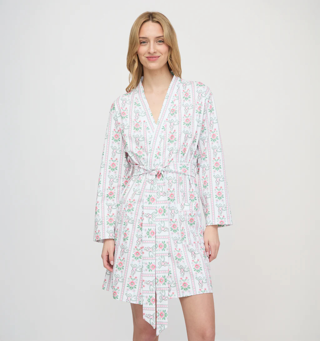 Roller Rabbit x Hill House Blake Robe - Pink Monkey Block Stripe | Hill House Home US
