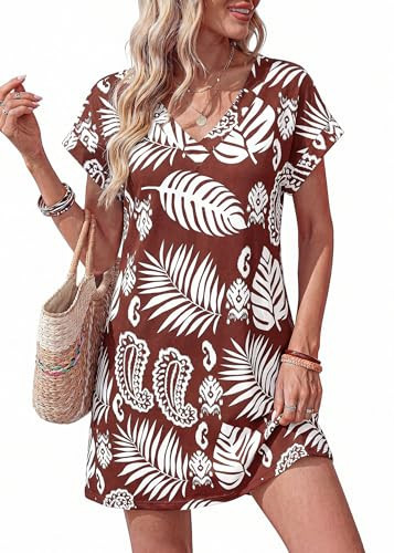 KIRUNDO Summer Dresses for Women 2026 Beach Sundress Spring Casual V Neck Boho Floral Vacation Outfits Cruise Resort Wear(Brown White Flower, Small) | Amazon (US)