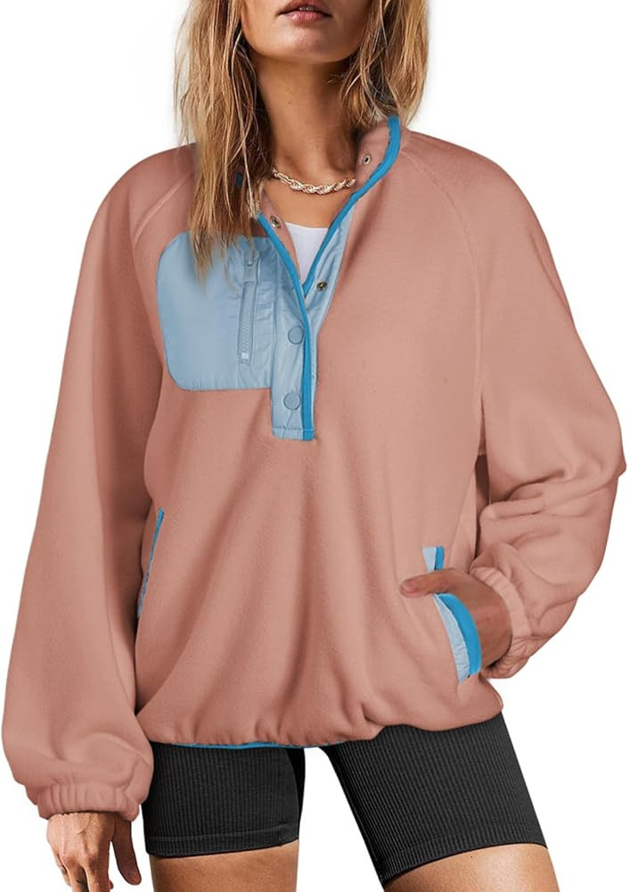 Dokotoo Sweatshirt for Women Oversized Fuzzy Fleece Jacket Color Block Button Long Sleeve Pullove... | Amazon (US)