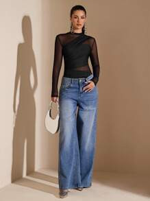 SHEIN BAE Black Asymmetric Lace-Up Long Sleeve See-Through Bodysuit For Women, Suitable For Cockt... | SHEIN