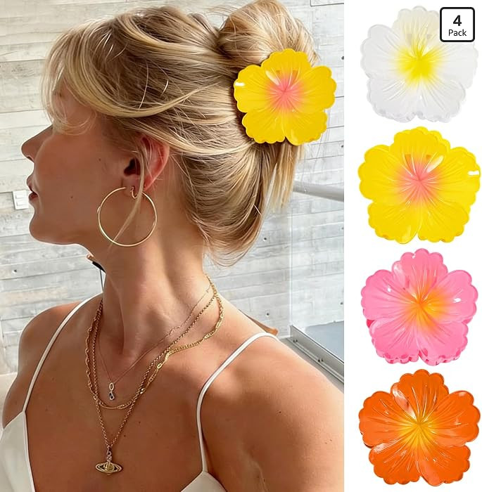 4 Pcs Hawaiian Flower Hair Claw Clips for Women\uff0cHibiscus Hair Claw Clips\uff0cStrong Hold No... | Amazon (US)