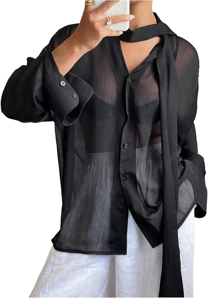 Women's Sheer Mesh Blouses Knot Front Button Down Shirts Long Sleeve See Through Tops | Amazon (US)