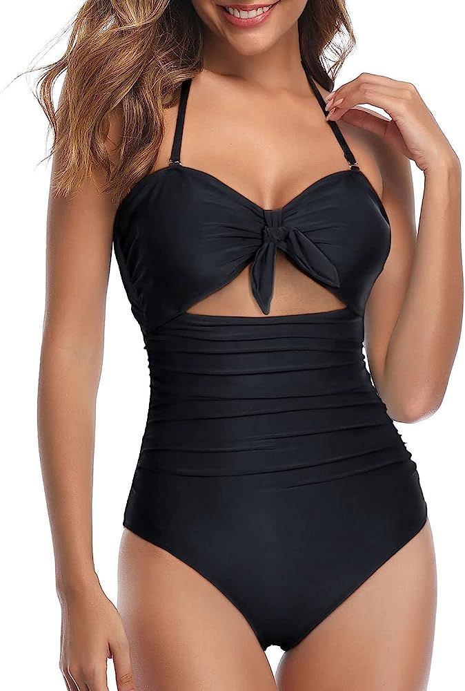 Tempt Me Women Sexy Cutout One Piece Swimsuits Tummy Control High Waisted Halter Front Tie Kn... | Amazon (US)