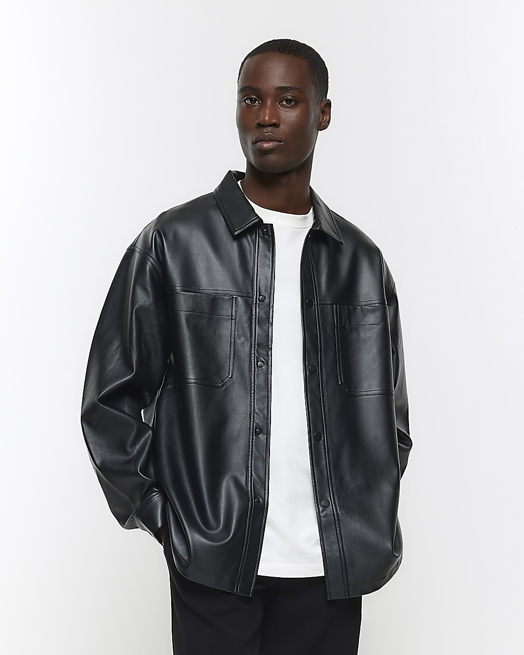 Black regular fit faux leather shirt | River Island (UK & IE)