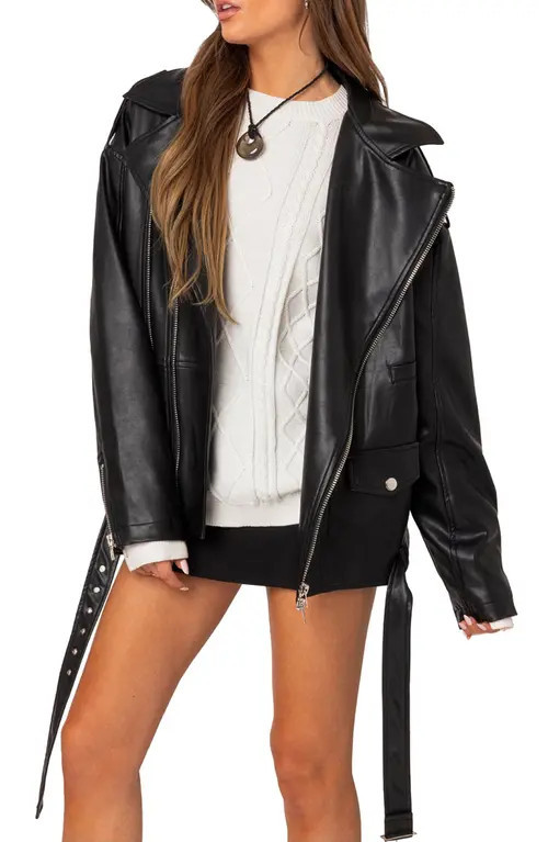 EDIKTED Wrenley Oversize Faux Leather Moto Jacket in Black at Nordstrom, Size Large | Nordstrom