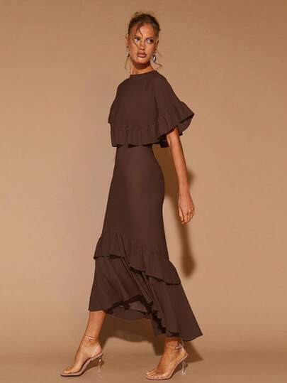 COSMINA Women's Elegant Ruffle Trim Round Neck Long Dress, Suitable For Dates, Parties, All Seaso... | SHEIN