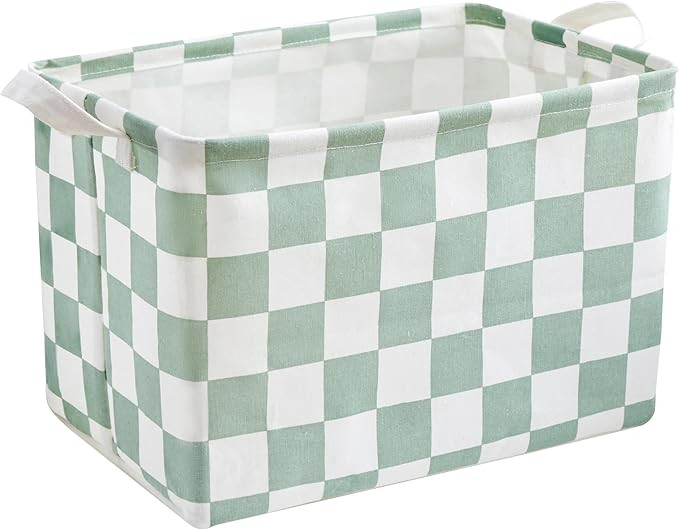 Sage Green Checkered Canvas Basket, Rectangular Organizing Decorative Storage Basket for Kids, Do... | Amazon (US)