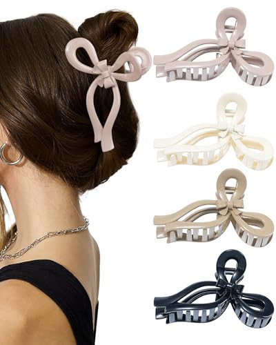 4 PCS Bow Hair Clips for Women Bow Claw Clip 5" Large Hair Claw Clips for Thick and Long Hair Cute Bows Jaw Clip (5" - Glossy- Khaki + Off-white + Ash Pink + Black, 5" Extra Large) | Amazon (US)