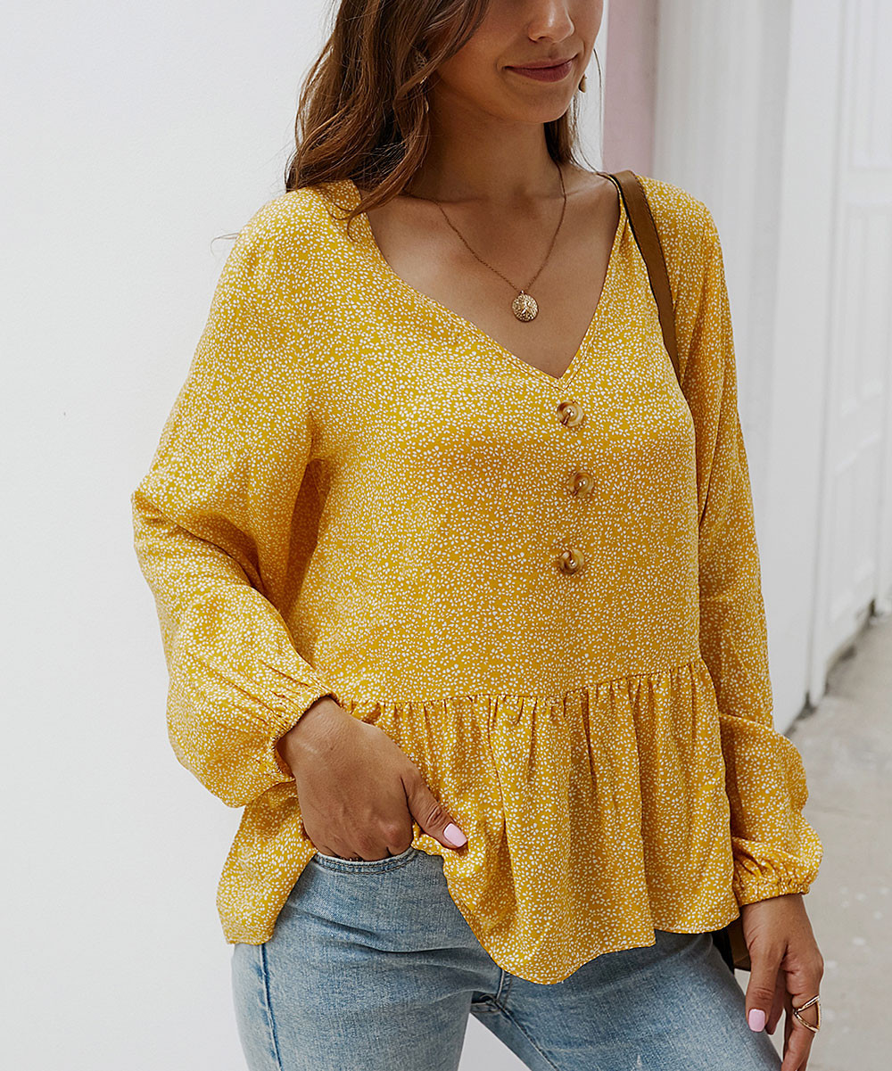 Gaovot Women's Blouses yellow - Yellow Ditsy Floral Peplum Top - Women | Zulily