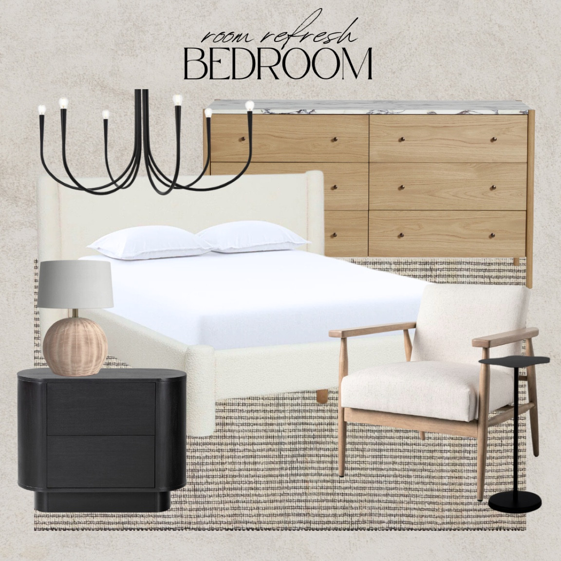 Bedroom refresh, modern organic, boucle bed frame, black nightstand, curved nightstand, marble dresser, oak dresser, modern chandelier, striped rug

#LTKfindsunder100 #LTKhome #LTKSeasonal