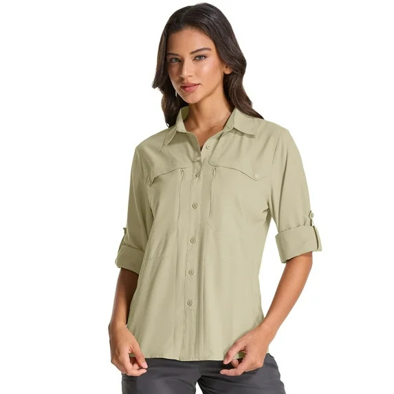 liyiyiyia Long Sleeve Hiking Shirts for Women Button Up Work Shirt with Zipper Pockets Casual Out... | Walmart (US)
