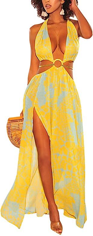 Women Halter Deep V Neck Backless Floral Print Cutout Split Beach Maxi Dress | Amazon (US)