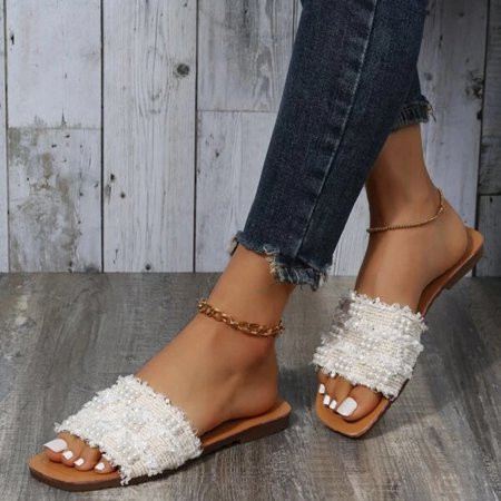 Faux Pearl Decor Flat Sandals Soft Bottom One Word Belt Girl Slippers Summer New Chic Design Retro F | Walmart (US)