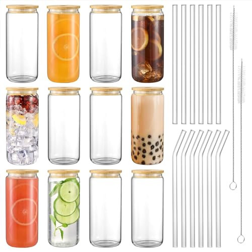 Glass Cups with Lids and Straws 20oz, 12psc Glass Drinking Set, Beer Can Cups with Bamboo Lids, Tumbler Cup with Straw for Ice Coffee, Cocktail, Whiskey, Soda Boba Tea -2 Cleaning Brushes. | Amazon (US)