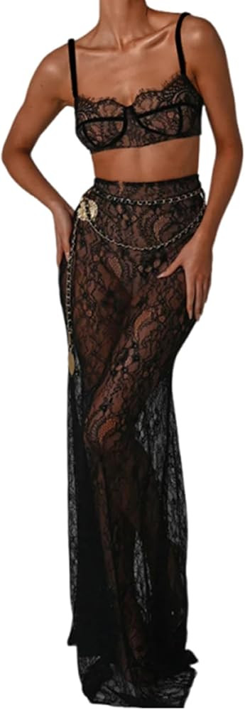 Women Sexy 2 Piece Lace Sequin Skirt Set Mini See Through Croset Crop Tank Top and Mesh Long Skir... | Amazon (US)