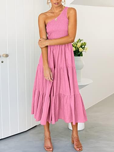 ANRABESS Women's 2023 Summer Bohemian One Shoulder Sleeveless Smocked Ruffle Tiered Beach Maxi Su... | Amazon (US)