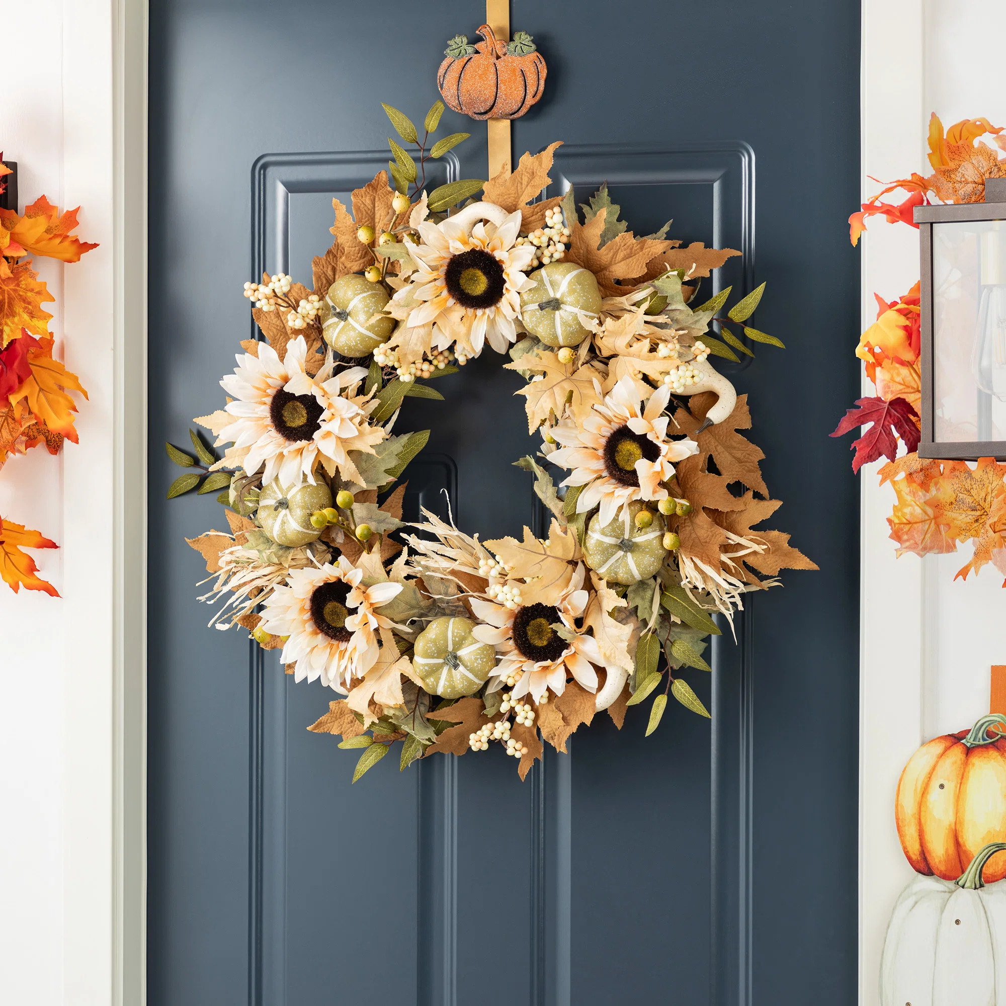 Ophelia & Co. 24"D Fall Neutral  Sunflower, Pumpkin And Leaf Wreath Includes A Complimentary Blac... | Wayfair North America
