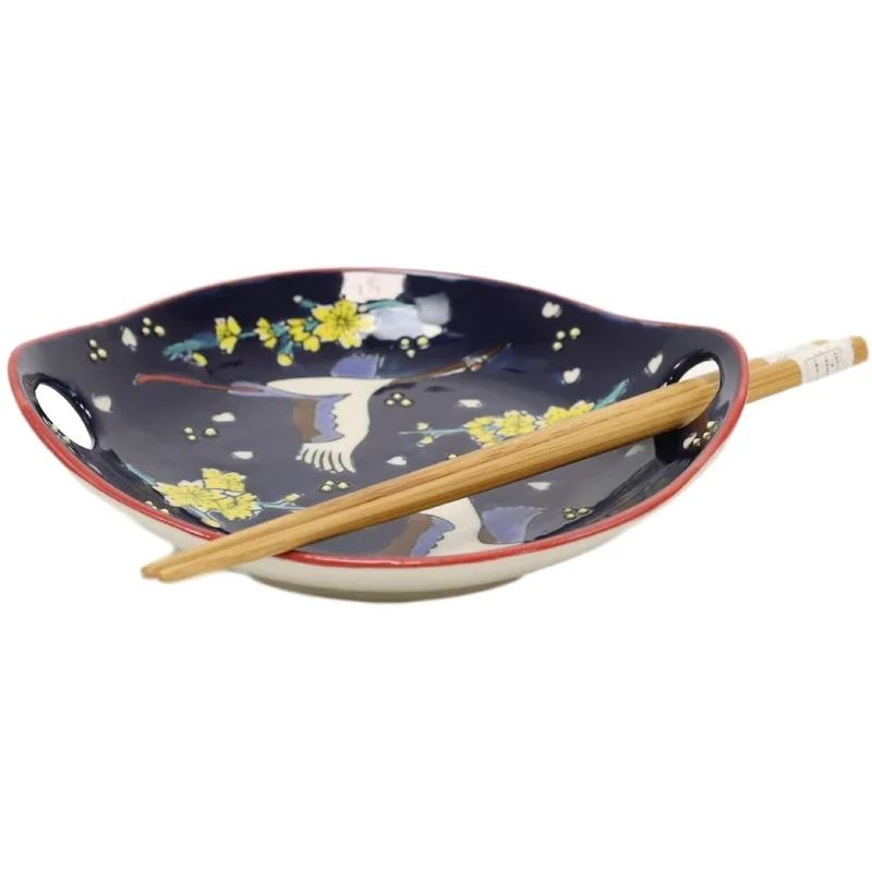 White Crane In Midnight Sky Appetizer Snack Serving Coupe Plate Dish With Chopsticks And Built In... | Wayfair Professional