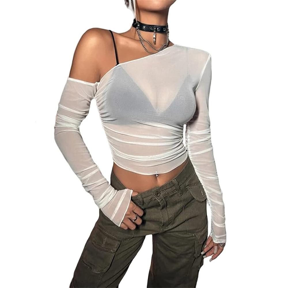 LOFAAC Women Sexy Mesh Sheer See Through Long Sleeve Crop Tops Slim Fit Ruched Off Shoulder Crop ... | Amazon (US)