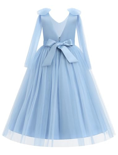 Flower Girl Maxi Dress for Wedding Junior Formal Bridesmaid Floral Embroidered Tulle Skirt Tea Pageant Party First Communion Dresses Princess Backless Evening Ball Gown Sky Blue 9-10 Years | Amazon (US)
