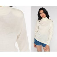 Knit Turtleneck Shirt 90S Cream Top Long Sleeve Acrylic Wool Blend 1990S Funnel Retro Turtle Neck Vintage Plain Medium | Etsy (US)