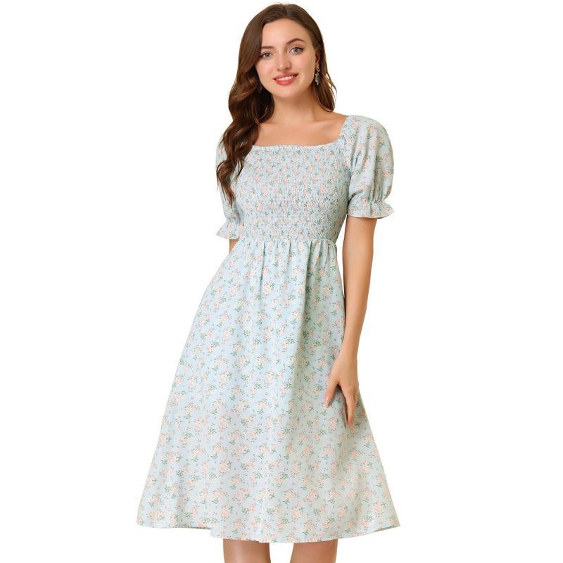 Allegra K Women's Square Neck Puff Sleeves Casual Midi Smocked Floral Dress | Target